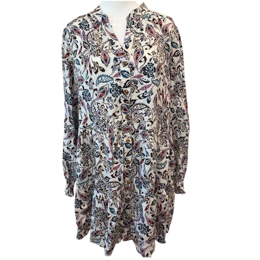 Kut from the Kloth Paisley Floral Tiered Button Front Dress Womens Medium Cream